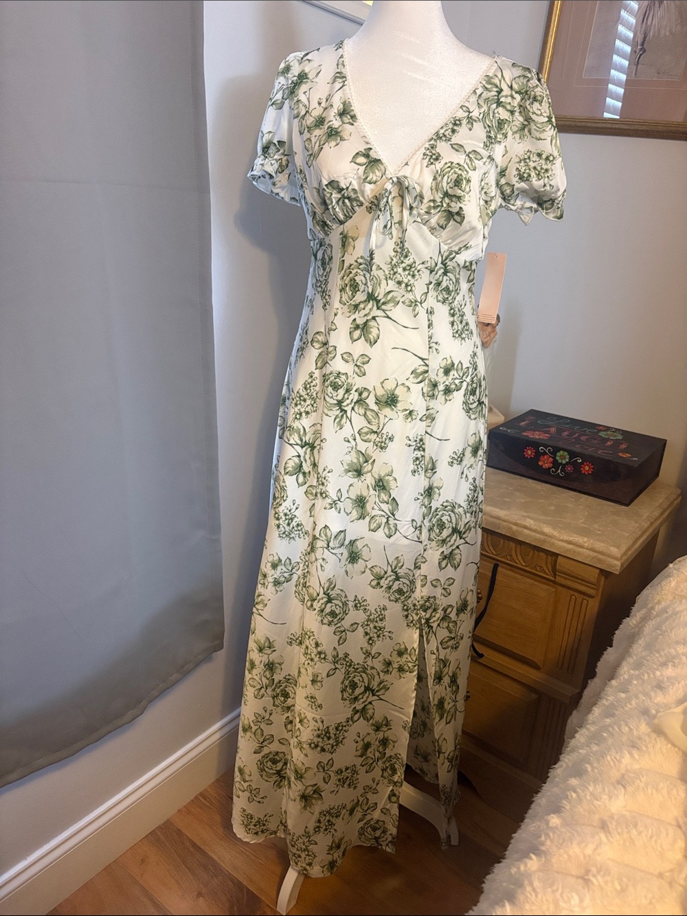 Inspired Hearts White Maxi Dress with Green Floral Print